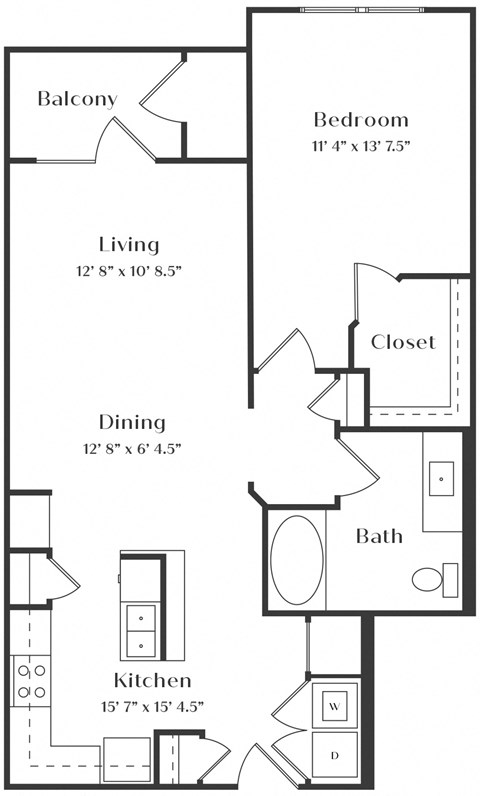Floor plan for 1 bed, 1 bath, 818 sqft